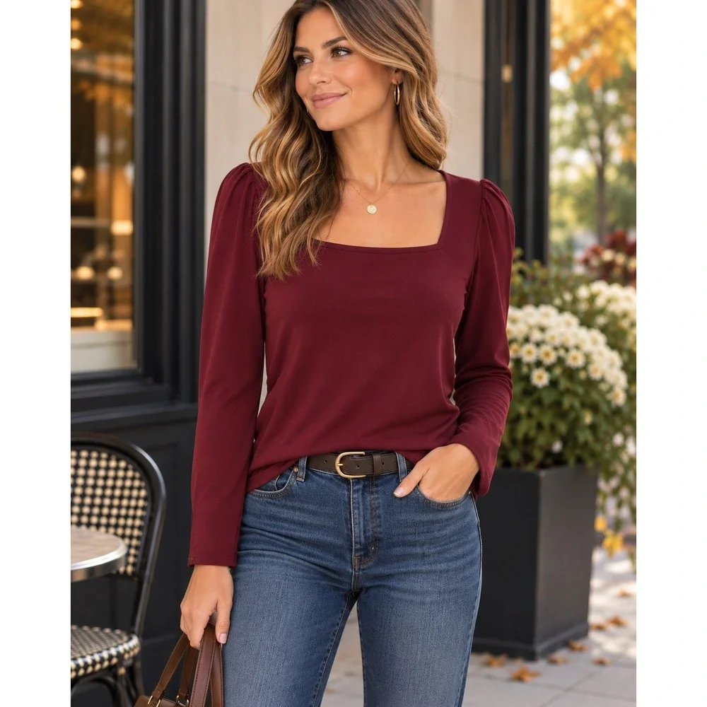 Banana Republic Top Square Neck Puff Sleeve Burgundy Minimalist Blouse Size M